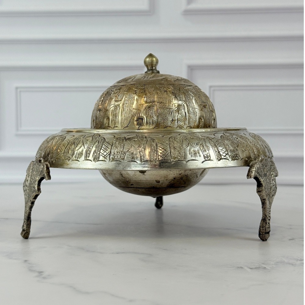 Antique Persian Pharoh Design Brass Silver Look Footed Caviar Dish